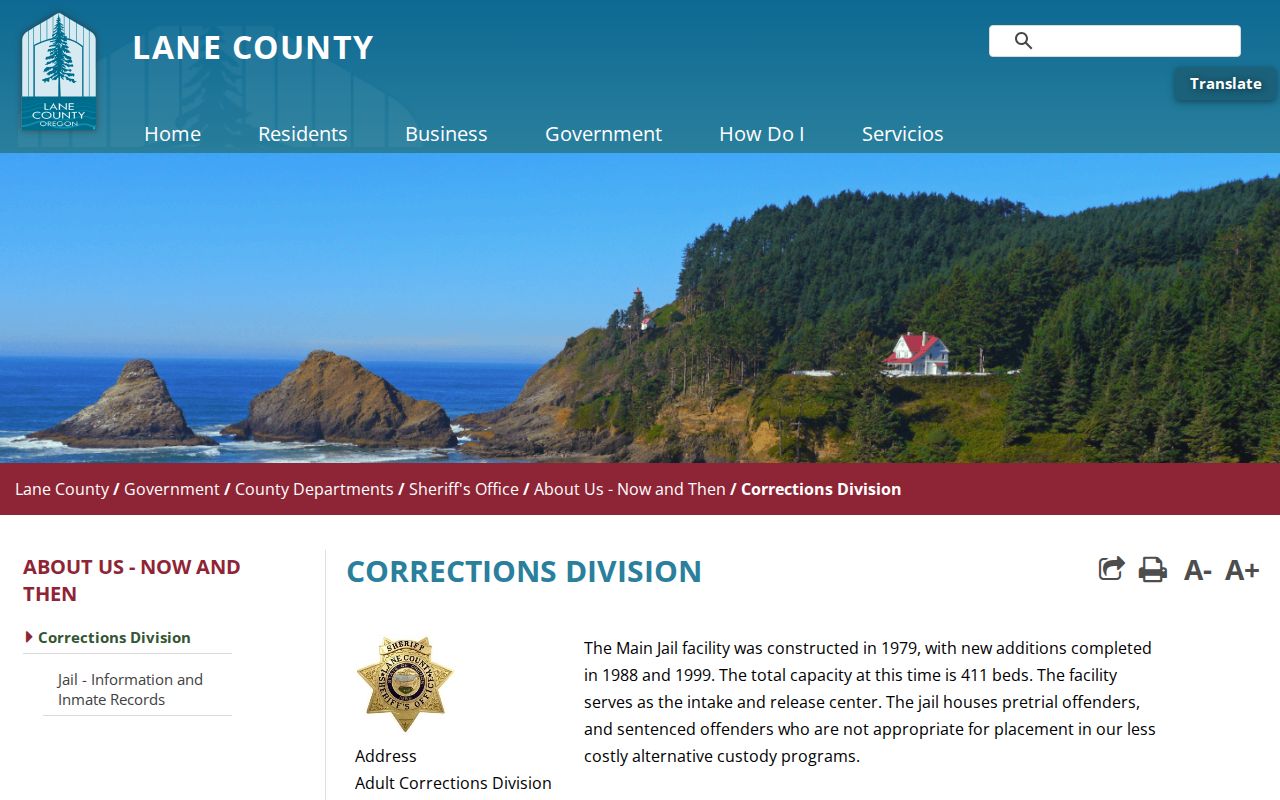Lane County Adult Corrections Main Jail intake and release records source