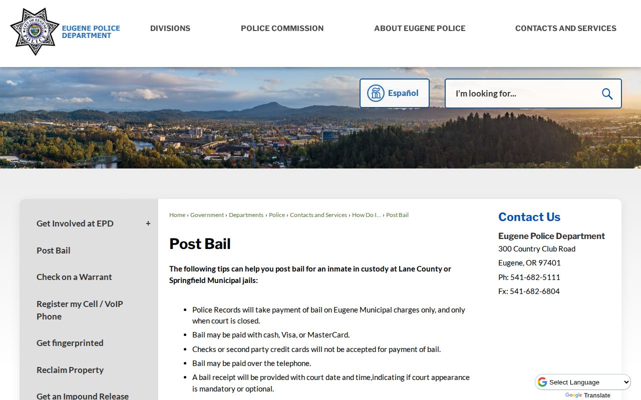 Eugene municipal bail instructions relevant to Lane County 24-hour releases