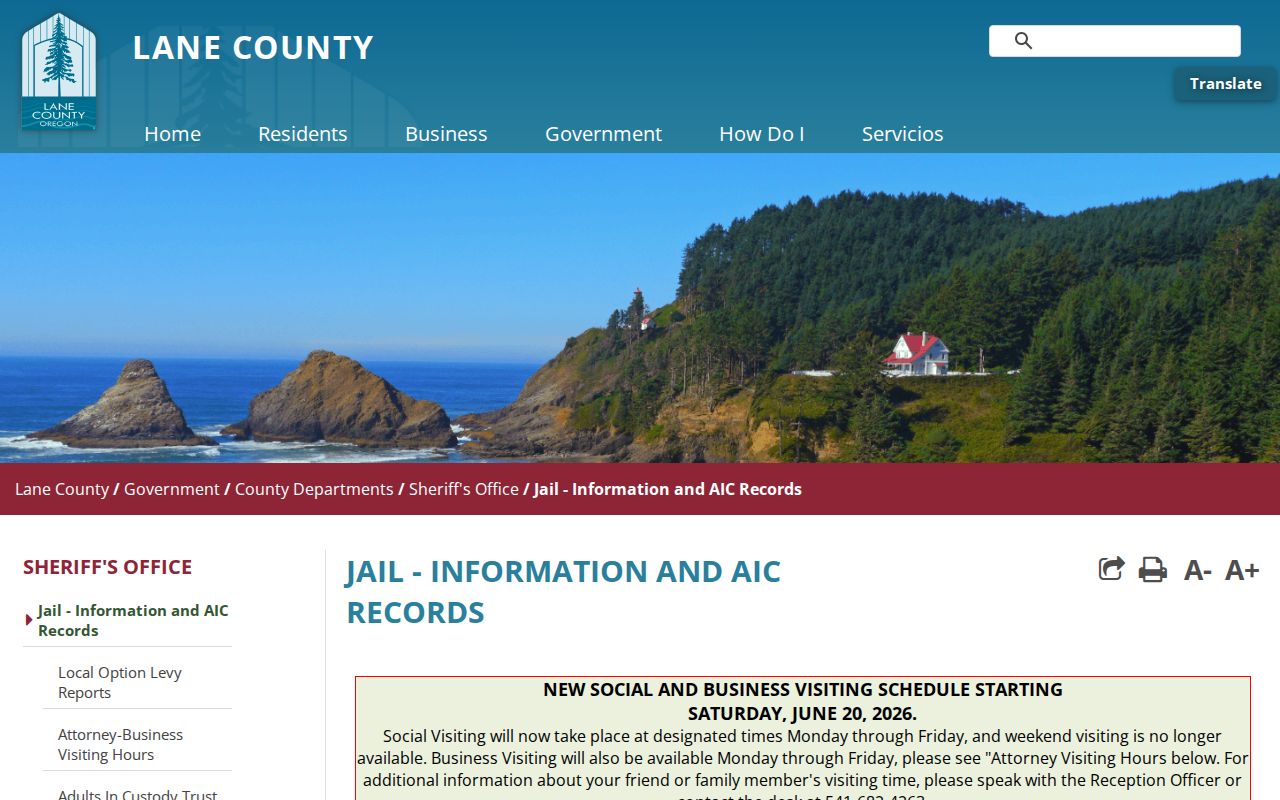 Lane County AIC records page used to confirm a VISOR release alert