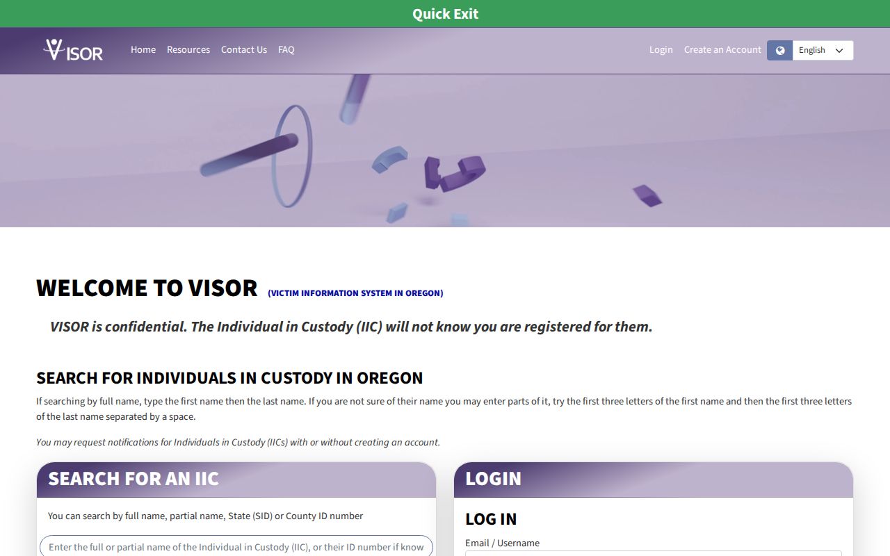 Oregon VISOR search for a Lane County VINELink inmate check