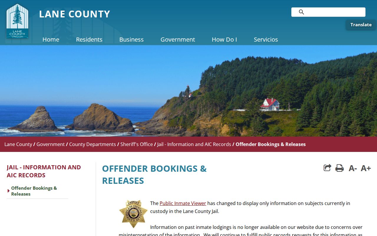 Lane County 24-hour release policy showing current-only jail records